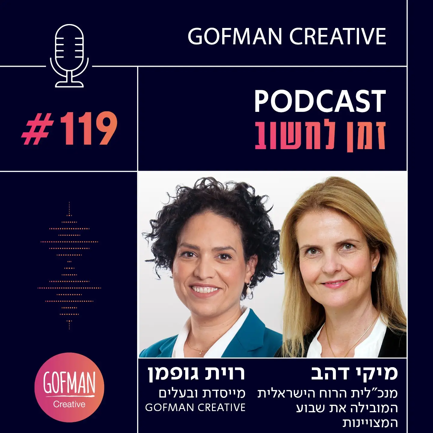 'זמן לחשוב' | רוית גופמן ומיקי דהב | #119במהלך שבוע שלם 7-12.5 ארגונים וחברות ממגוון תחומים, ספורט, אקדמיה, חינוך, אמנות, הייטק ועוד יקיימו מאות אירועי מצויינות ברחבי הארץ. והכל פתוח לקהל הרחב ללא תשלום במטרה לקדם את ערכי המצויינות החברתית, העסקית, האישית והציבורית בישראל ולעודד חברה מגוונת, כלכלה חזקה, פריצת גבולות והגשמה עצמית.בפרק נוסף של 'זמן לחשוב', מארחת רוית גופמן את מיקי דהב, מנכ"לית הרוח הישראלית המובילה את שבוע המצויינות.הקליקו להאזנה לפרק המלא > 